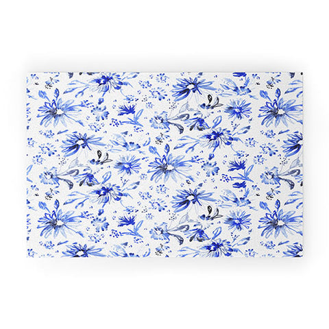 Schatzi Brown Lovely Floral White Blue Welcome Mat