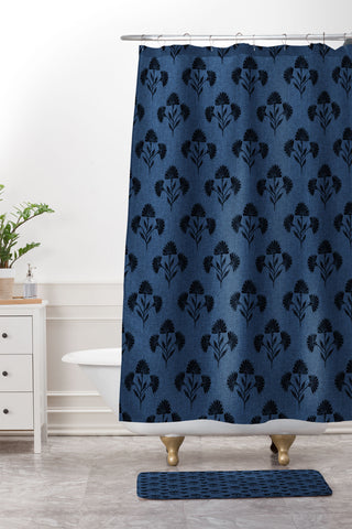 Schatzi Brown Suri Floral Dark Blue Shower Curtain And Mat