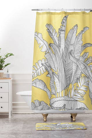 Sewzinski Banana Leaves on Yellow Shower Curtain And Mat