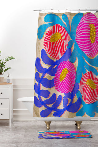 Sewzinski Big Pink and Blue Florals Shower Curtain And Mat