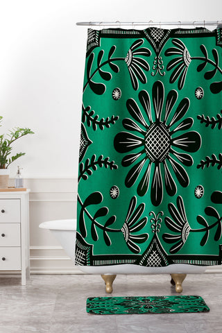 Sewzinski Boho Florals Black Emerald Shower Curtain And Mat
