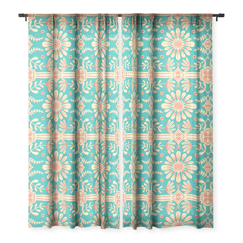Sewzinski Boho Florals Cream Turquoise Sheer Window Curtain