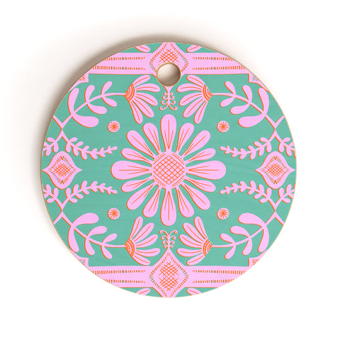 Sewzinski Boho Florals Pink Green Cutting Board Round