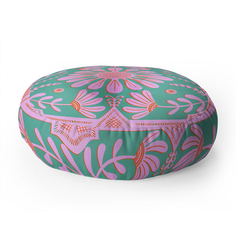 Sewzinski Boho Florals Pink Green Floor Pillow Round