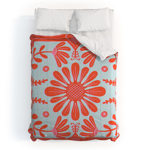Sewzinski Boho Florals Red and Icy Blue Comforter