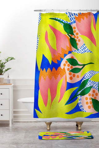 Sewzinski Bold Flowers on Blue Shower Curtain And Mat