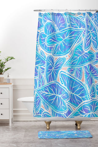 Sewzinski Caladium Leaves in Blue Shower Curtain And Mat