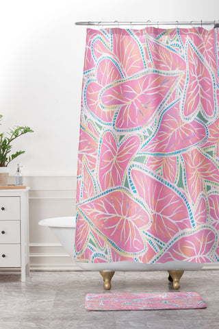 Sewzinski Caladium Leaves in Pink Shower Curtain And Mat