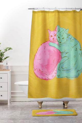 Sewzinski Cat Cuddles Shower Curtain And Mat