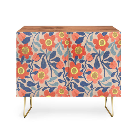 Sewzinski Coral Pink and Blue Flowers Credenza