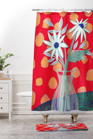 Sewzinski Daisies on Red Shower Curtain And Mat