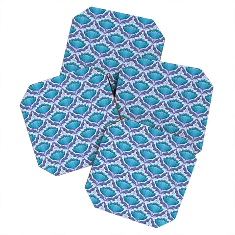 Sewzinski Diamond Floral Pattern Blue Coaster Set