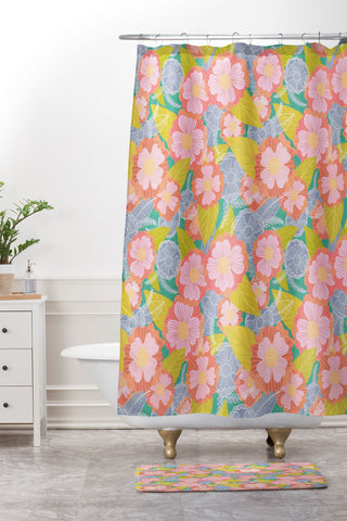 Sewzinski Floating Flowers Pink Green Shower Curtain And Mat