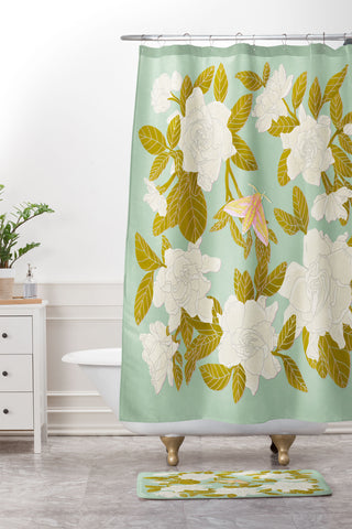 Sewzinski Gardenias on Green Shower Curtain And Mat