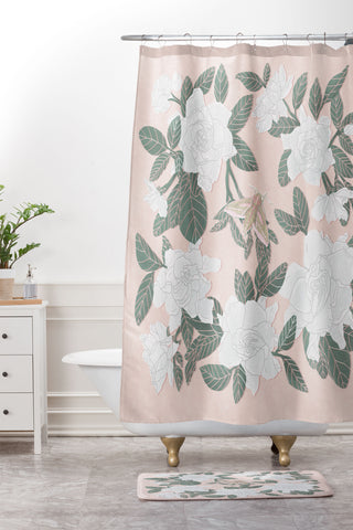 Sewzinski Gardenias on Peach Shower Curtain And Mat