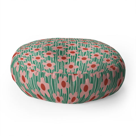 Sewzinski Mod Pink Flowers on Green Floor Pillow Round