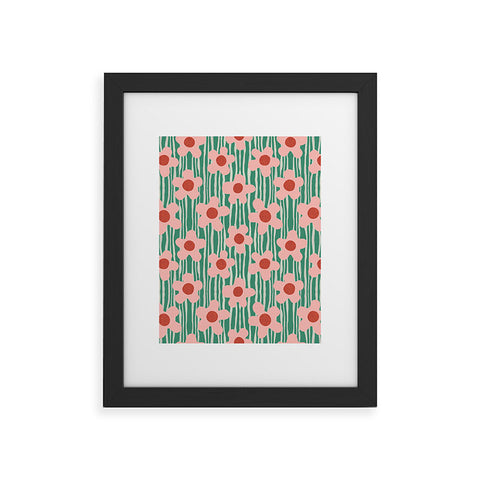 Sewzinski Mod Pink Flowers on Green Framed Art Print