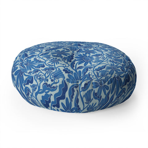 Sewzinski Monochrome Florals Blue Floor Pillow Round