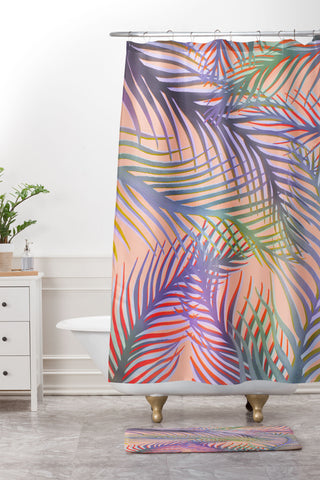 Sewzinski Palm Leaves Purple and Peach Shower Curtain And Mat