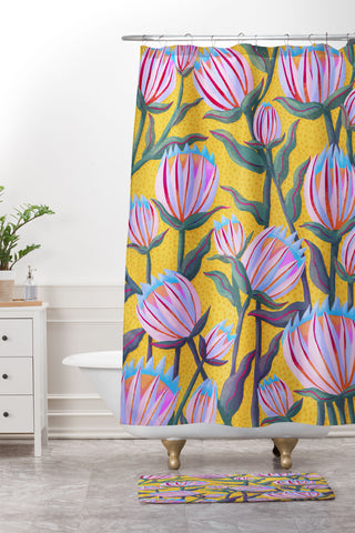 Sewzinski Protea Flowers on Yellow Shower Curtain And Mat