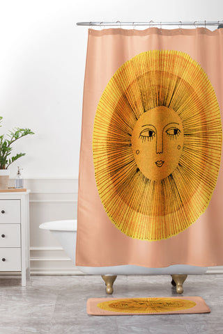 Sewzinski Sun Drawing Gold and Pink Shower Curtain And Mat