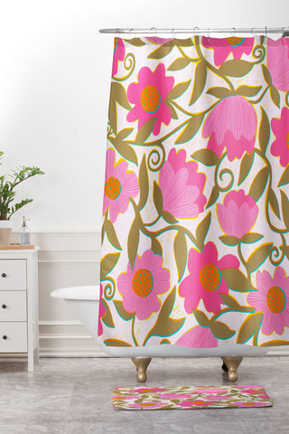 Sewzinski Sunlit Flowers Pink Shower Curtain And Mat