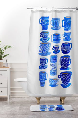 Sewzinski Teacups and Mugs in Blues Shower Curtain And Mat