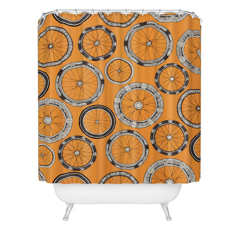 Sharon Turner bike wheels amber Shower Curtain