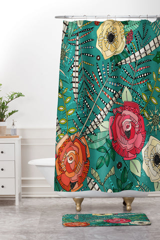 Sharon Turner boho winter floral teal Shower Curtain And Mat