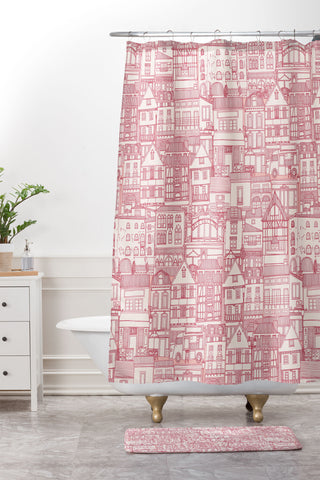 Sharon Turner cafe buildings pink Shower Curtain And Mat
