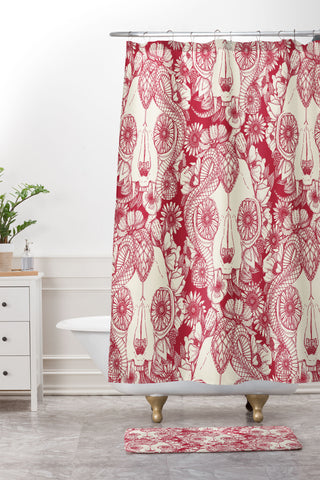 Sharon Turner cat skull damask red Shower Curtain And Mat