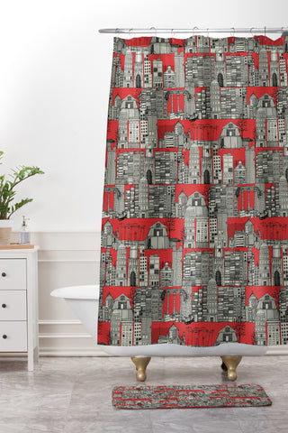Sharon Turner dystopian toile red Shower Curtain And Mat