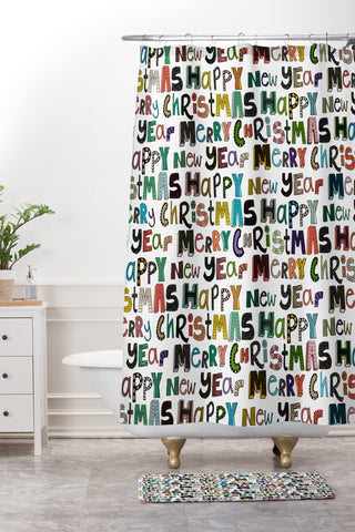 Sharon Turner merry christmas happy new year Shower Curtain And Mat
