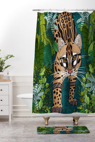 Sharon Turner ocelot jungle teal Shower Curtain And Mat