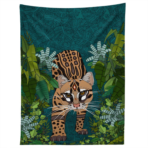 Sharon Turner ocelot jungle teal Tapestry