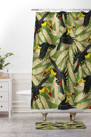 Sharon Turner toucan feather jungle Shower Curtain And Mat