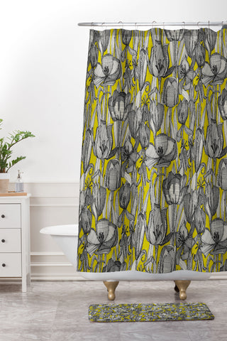Sharon Turner tulip decay chartreuse Shower Curtain And Mat