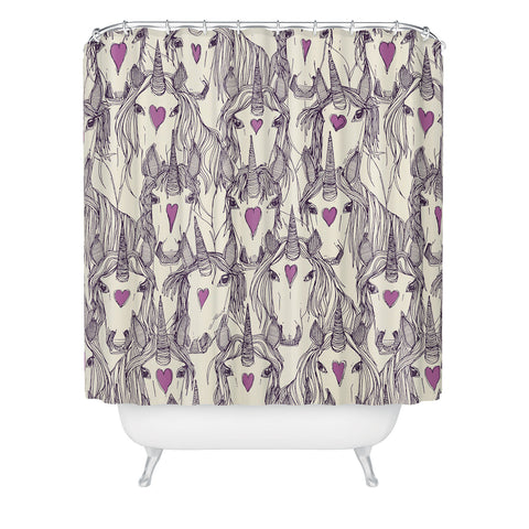 Sharon Turner unicorn love purple Shower Curtain