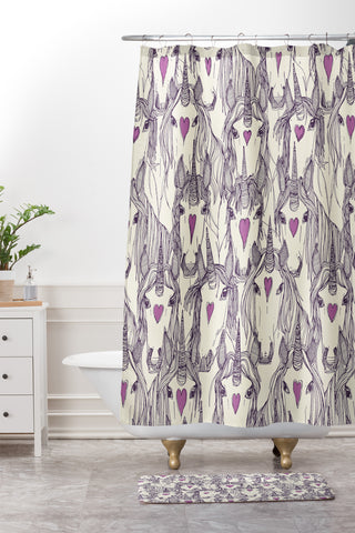 Sharon Turner unicorn love purple Shower Curtain And Mat