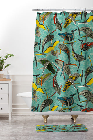 Sharon Turner whales and waves Shower Curtain And Mat