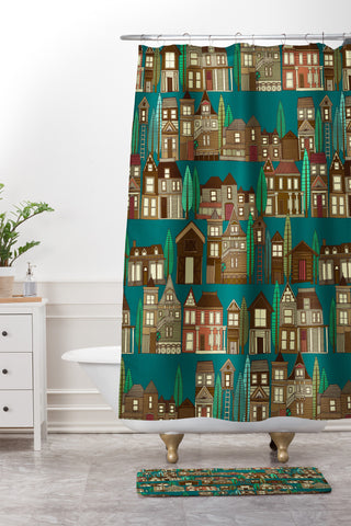 Sharon Turner wooden buildings teal Shower Curtain And Mat