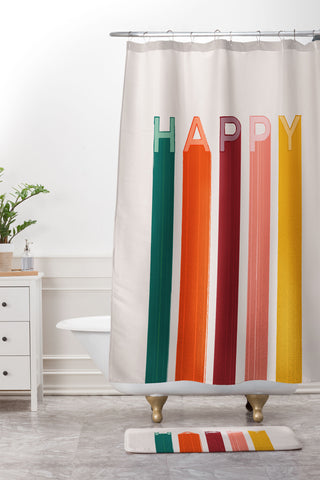 Showmemars Happy Letters in Retro Colors Shower Curtain And Mat
