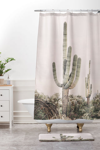 Sisi and Seb Pastel Pink Cactus Shower Curtain And Mat