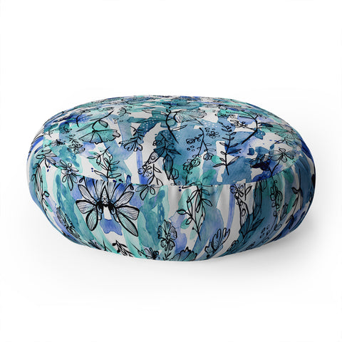 Stephanie Corfee Blues And Ink Floral Floor Pillow Round