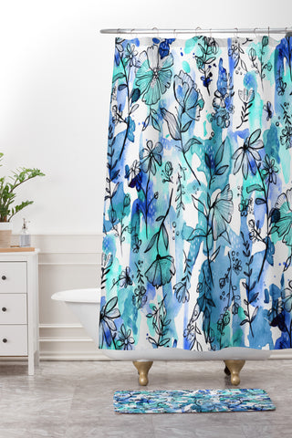 Stephanie Corfee Blues And Ink Floral Shower Curtain And Mat