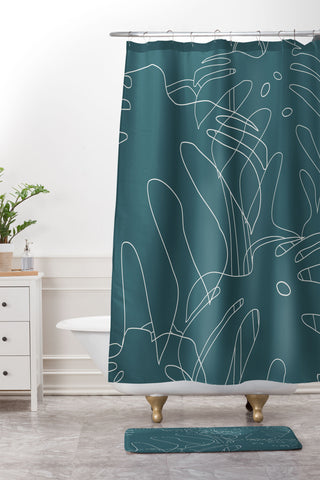 The Old Art Studio Monstera No2 Teal Shower Curtain And Mat