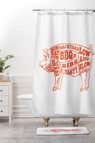 The Whiskey Ginger Cute Backyard BBQ Pig Shower Curtain And Mat