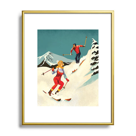 The Whiskey Ginger Retro Skiing Couple Metal Framed Art Print