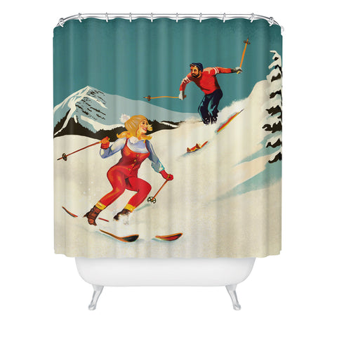 The Whiskey Ginger Retro Skiing Couple Shower Curtain