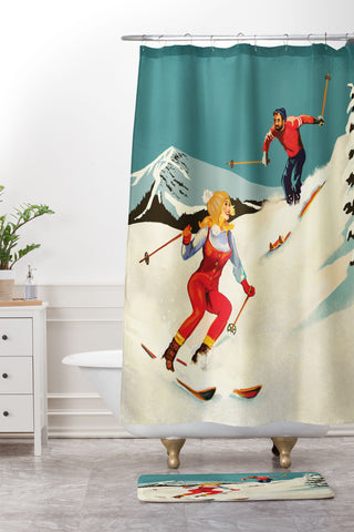 The Whiskey Ginger Retro Skiing Couple Shower Curtain And Mat